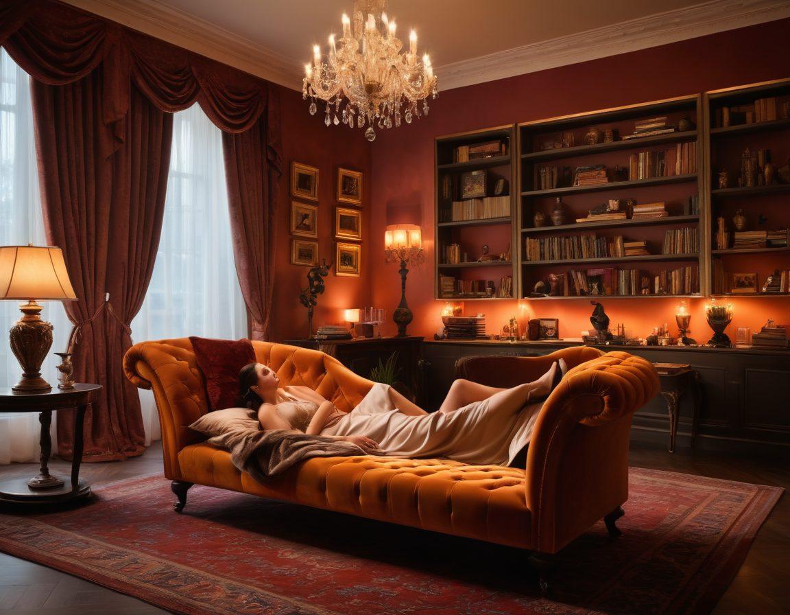 A luxurious, elegantly decorated room with a plush velvet chaise lounge, soft ambient lighting casting a warm glow, shelves lined with tasteful erotica books and artful sculptures. In the foreground, a stylized silhouette of a couple sharing an intimate moment, creating a sense of allure and mystery. Subtle hints of satin sheets and a relaxing atmosphere add to the sensual vibe. super-realistic. vibrant colors. romantic lighting.